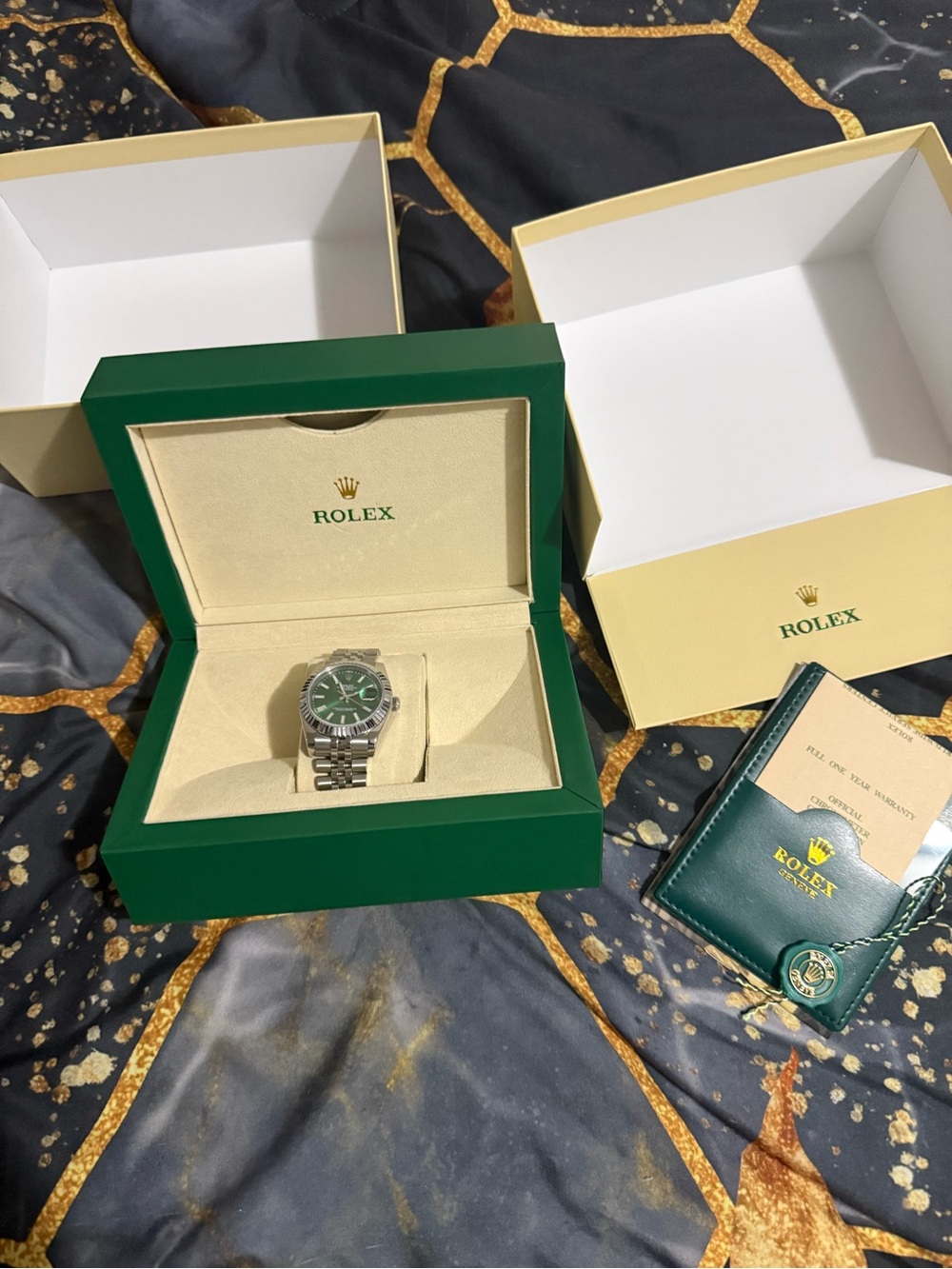 Rolex Men's Watch with Green Dial and Silver Bracelet